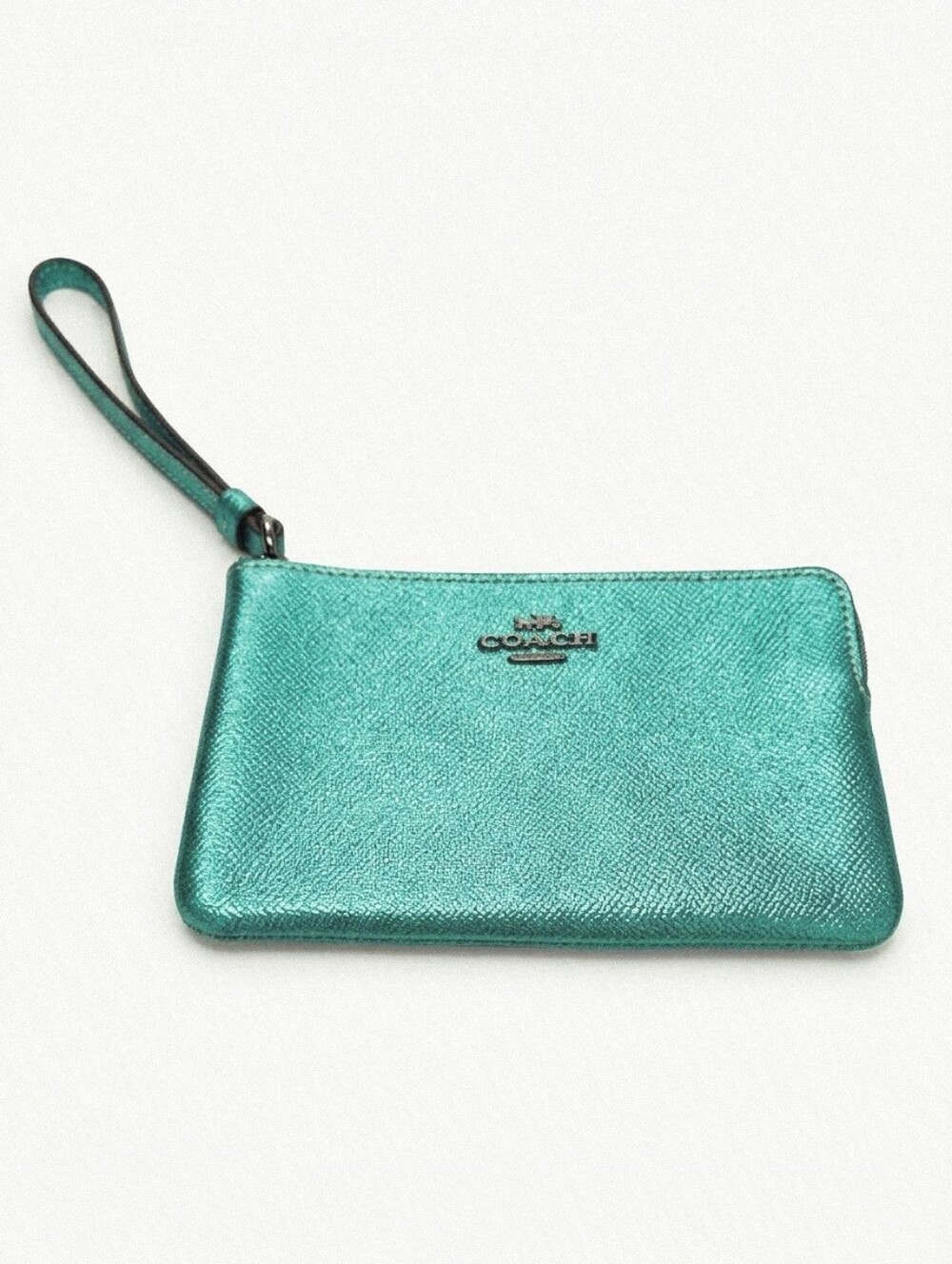 Coach Leather Metallic Sea Green Wristlet Clutch